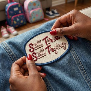 以下が含まれることがあります： バーガンディ色の筆記体で「Still Tired, Still Trying」と書かれた楕円形の刺繍パッチ。パッチはクリーム色の背景と青い縁取りがあります。デニムジャケットの上にパッチが置かれています。