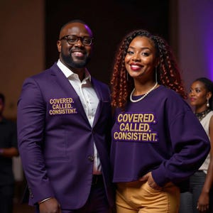 Könnte beinhalten: Ein Mann in einem lila Anzug und eine Frau in einem lila Sweatshirt, beide mit dem Text "COVERED. CALLED. CONSISTENT." in goldfarbenen Buchstaben. Der Mann trägt eine Brille und ein weißes Hemd. Die Frau trägt eine Perlenkette und eine goldene Hose.