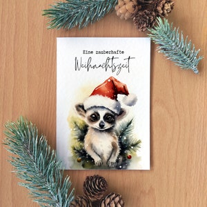Buschbaby Weihnachten Klappkarte Lemur Postkarte Weihnachten Handgemacht Weihnachtskarte Aquarell Weihnachtskarte Affe Geldgeschenk Kinder
