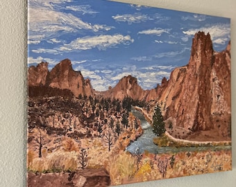 Parque Estatal Smith Rock; Impresión limitada en lienzo de 20” por 16” de la pintura al óleo original del artista; ¡entre los mejores sitios para ver del centro de Oregón!