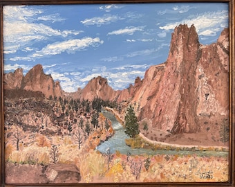 Parque Estatal Smith Rock; Pintura fotorrealista original al óleo sobre lienzo de 16" por 20"; ¡Los mejores sitios para ver en el centro de Oregón!