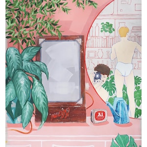 May include: An artistic painting depicts a room with a mirror, plants, and a person. A vintage-style mirror is set against a pink wall. A blue watering can and a tin of A1 sauce are on the counter. The mirror reflects a person and a photographer.