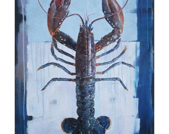 May include: A painting of a blue lobster on a white background with blue and grey accents. The lobster is painted in a realistic style, showing detail of the claws, body and tail.