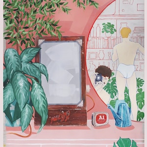 May include: An artistic painting depicts a retro television set with the word "Williams" on it, a blue watering can, and a can of A1 Light Tobacco. A person is taking a photo of another person in white underwear.