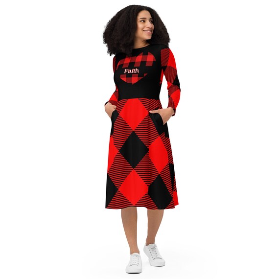 Buffalo Print Faith All-Over Print Long Sleeve Midi Dress (Matching Canvas Slip-On Shoes Available)