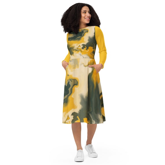 Yellow Marble All-Over Print Long Sleeve Midi Dress (Matching Shoes, Leggings, Sports Bra, Gym Bag Available)
