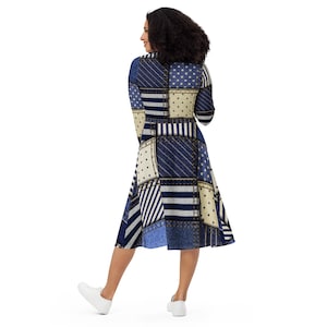 Denim-like All-over Print Long Sleeve Midi Dress