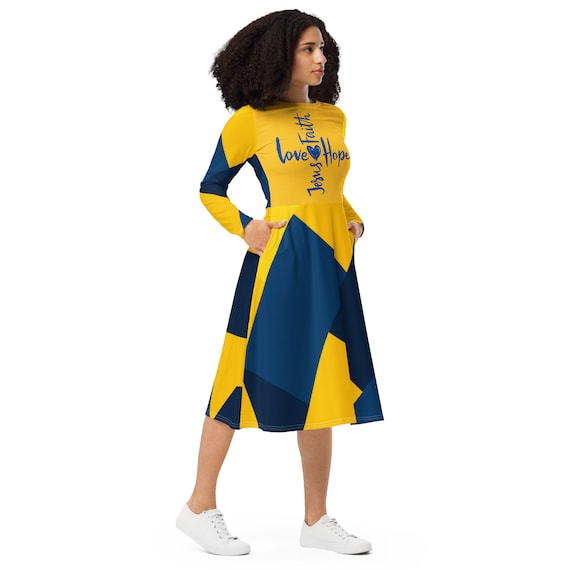 Faith All-Over Print Long Sleeve Midi Dress (Matching Shoes Available)