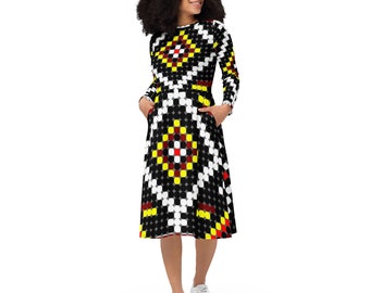 Red, Yellow, White, Black Pattern Dress All-over print long sleeve midi dress