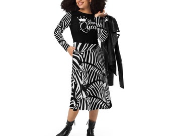 Zebra Print All-Over Print Long Sleeve Midi Dress