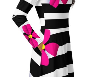 black and white striped dress with pink flowers Pink Flower Dress, 2T, Jessica Ann, Black and White Dress, Flower Dress, Vintage Girls Dress, Holiday Dress, Church Dress, Easter Dress