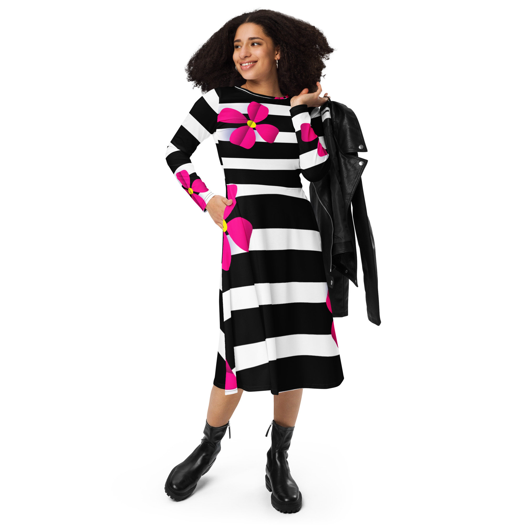 black and white striped dress with pink flowers Zebra Dress Black White Pink Floral Cherry Blossom Daisy Design Geometric Stripe Lined Print