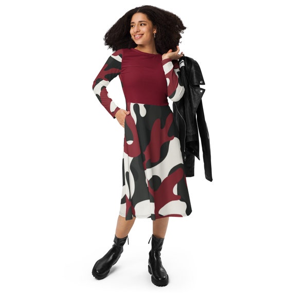 Burgundy Camo All-over print long sleeve midi dress Burgundy Camo All-over print long sleeve midi dress