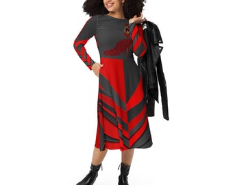 Red, Black, and Grey Geometric Design All-over print long sleeve midi dress