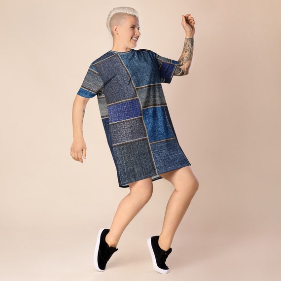 patch t shirt dress Denim like patch T-shirt dress