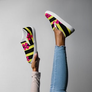 Black and Yellow With Pink Flowers Women’s slip-on canvas shoes (Matching Dress is Available)