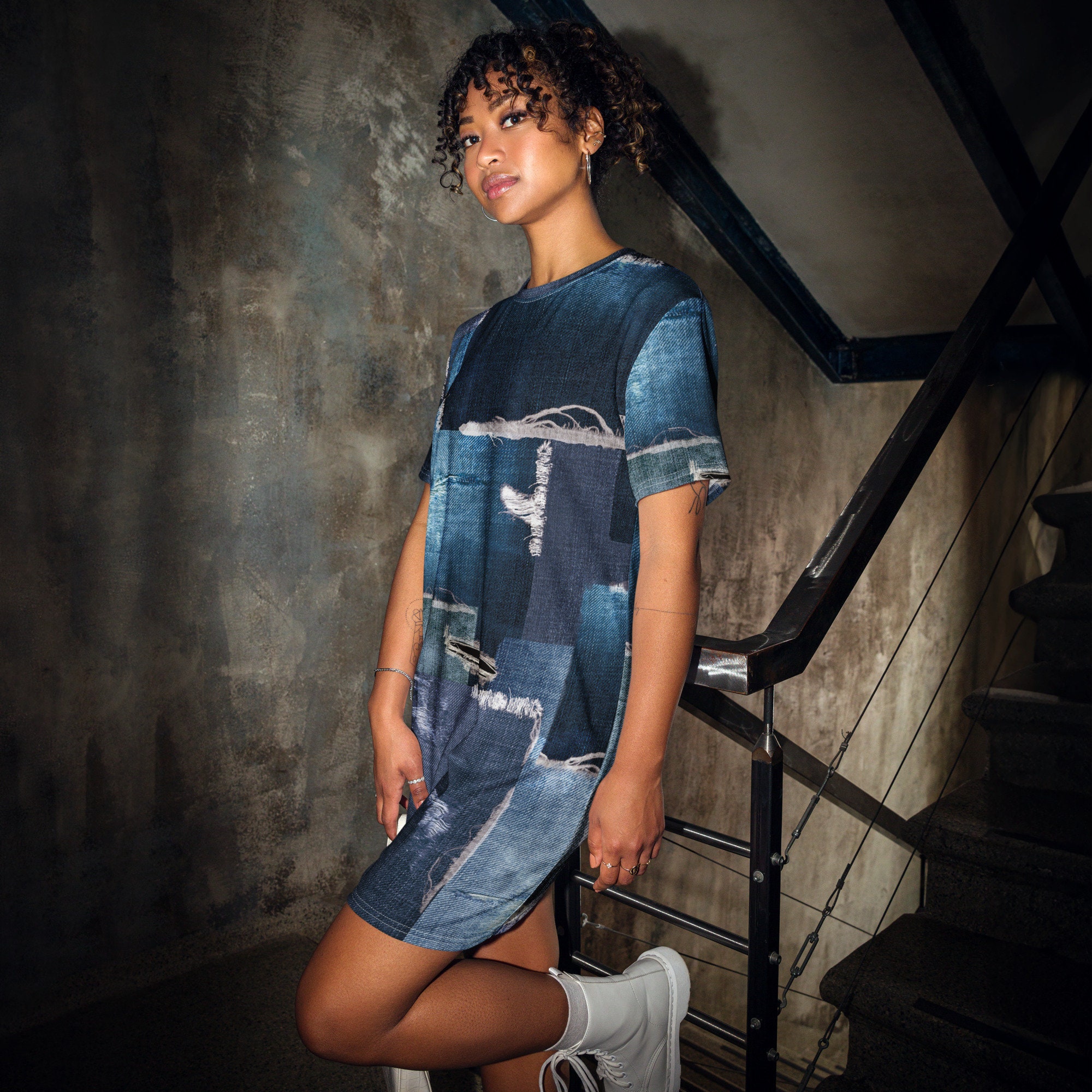 acid wash denim skater dress Medium Square Neck Corset S / Medium Wash Daly Waist Sash Maxi Color:dark purple spread-collar-normal-collar 59 and she is