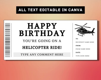 Plantilla de boleto de regalo de cumpleaños de paseo en helicóptero - Cupón de certificado de vale de tarjeta de regalo de paseo en helicóptero - Idea de regalo sorpresa imprimible