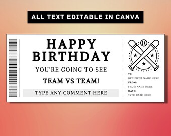 Baseball Spiel Geburtstag Geschenk Ticket Vorlage - Ticket zu einem Baseball Spiel - Geschenkkarte Gutschein Gutschein Coupon, druckbare Überraschungsgeschenkidee