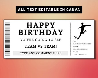 Plantilla de boleto de regalo de cumpleaños de juego de fútbol - Boleto para un juego de fútbol - Cupón de certificado de vale de tarjeta de regalo - Idea de regalo sorpresa imprimible