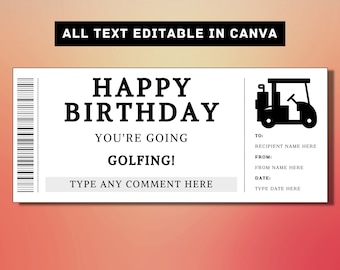 Plantilla de boleto de regalo de cumpleaños de golf - Cupón de certificado de vale de tarjeta de regalo de viaje de golf - Idea de regalo sorpresa imprimible - Cupón de golf