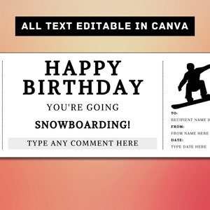 Modèle de billet cadeau d’anniversaire de snowboard - Coupon de certificat de carte-cadeau de ski - Idée cadeau surprise imprimable - Snowboard