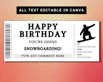 Snowboarding Geburtstag Geschenk Ticket Vorlage - Skifahren Geschenk Karte Gutschein Gutschein Gutschein - druckbare Überraschung Geschenkidee - Snowboard
