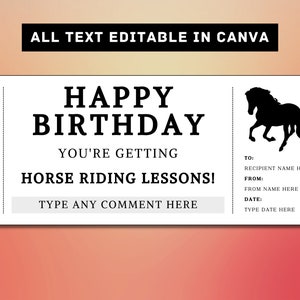 Modello di biglietto regalo di compleanno per lezioni di equitazione - Buono certificato buono regalo per cavallo - Idea regalo a sorpresa stampabile