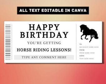 Plantilla de boleto de regalo de cumpleaños de lecciones de equitación - Cupón de certificado de vale de tarjeta de regalo a caballo - Idea de regalo sorpresa imprimible