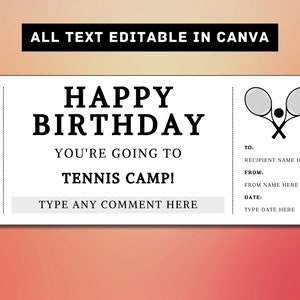 Modèle de billet cadeau d'anniversaire de camp de tennis - Coupon de certificat de bon de carte-cadeau de camp de tennis, leçons de clinique de compétences de camp d'entraînement, imprimable