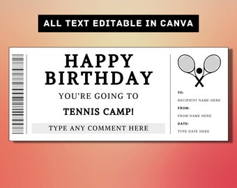 Tennis Camp Geburtstag Geschenk Ticket Vorlage - Tennis Camp Geschenk Karte Gutschein Zertifikat Coupon, Training Camp Fähigkeiten Klinik Lektionen, printable