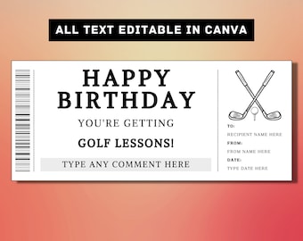 Plantilla de boleto de regalo de cumpleaños de lecciones de golf - Cupón de certificado de vale de tarjeta de regalo de lecciones de golf - Idea de regalo sorpresa imprimible - Golf