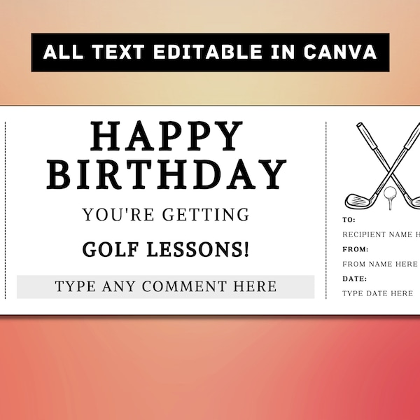 Golf Lessons Birthday Gift Ticket Template - Golf Lessons Gift Card Voucher Certificate Coupon - Printable Surprise Gift Idea - Golfing