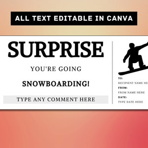 Snowboard Surprise Gift Ticket Template - Ski Gift Card Voucher Certificate Coupon - Printable Birthday Gift Idea - Snowboard