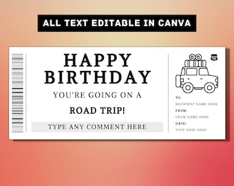 Plantilla de boleto de regalo de cumpleaños de viaje por carretera - Cupón de certificado de vale de tarjeta de regalo de viaje de revelación de viaje - Idea de regalo sorpresa imprimible