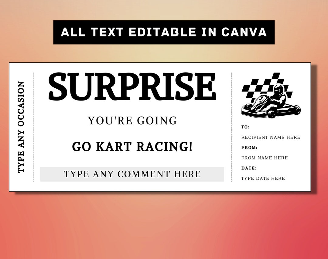 Go Kart Racing Surprise Gift Ticket Template Racing Gift Card Voucher ...