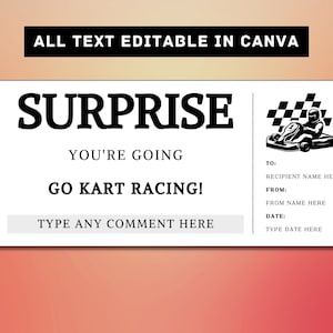 Go Kart Racing Surprise Gift Ticket Template - Racing Gift Card Voucher Certificate Coupon - Printable Surprise Gift Idea - Car Driving