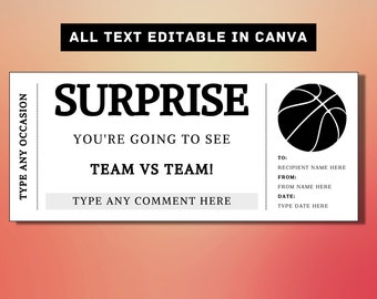 Basketball Spiel Überraschungsgeschenk Ticket Vorlage - Basketball Geschenkkarte Gutschein Zertifikat Coupon - druckbare Überraschungsgeschenkidee, bearbeitbar DIY