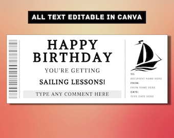 Segelunterricht Geburtstag Geschenk Ticket Vorlage - Segeln lernen Geschenkkarte Gutschein Gutschein Gutschein - druckbare Überraschungsgeschenkidee