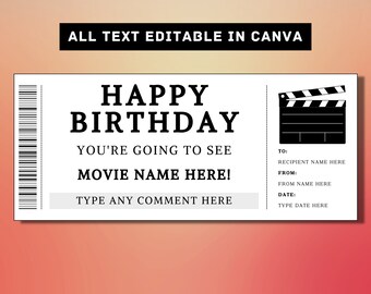 Film Geburtstag Geschenk Ticket Vorlage - Movie Night Geschenkkarte Gutschein Gutschein, druckbare Überraschung Geschenkidee, Theater Kino Premier