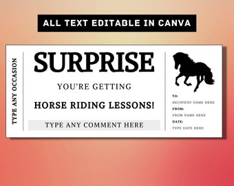 Reitunterricht Überraschung Geschenk Ticket Vorlage - Pferd Geschenk Karte Gutschein Zertifikat Coupon - druckbare Überraschung Geschenk Idee
