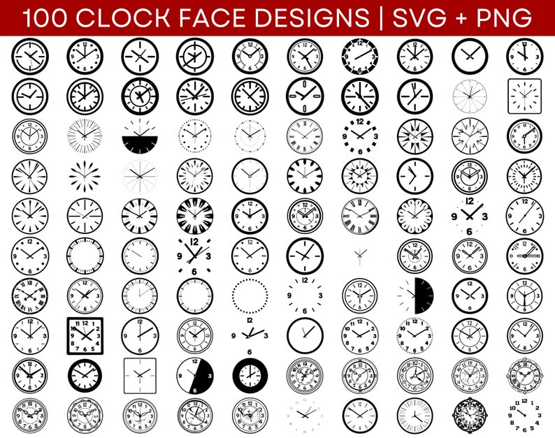 May include: A collection of 100 black and white clock face designs. The designs are in a variety of styles, including traditional, modern, and minimalist. The clock faces are all in a circle shape and feature numbers, Roman numerals, and hands.
