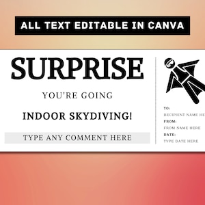 Indoor Skydiving Surprise Gift Ticket Template - Indoor Skydiving Gift Card Voucher Certificate Coupon - Printable Birthday Gift Idea