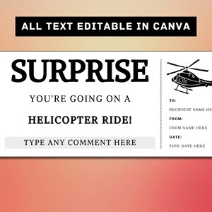 Helicopter Ride Surprise Gift Ticket Template - Helicopter Ride Gift Card Voucher Certificate Coupon - Printable Surprise Gift Idea