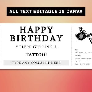 Tattoo Birthday Gift Ticket Template - Get Inked Tattoo Gift Card Voucher Certificate Coupon - Printable Surprise Gift Idea