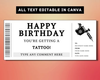 Tattoo Geburtstag Geschenk Ticket Vorlage - Tattoo Geschenk Karte Gutschein Gutschein Gutschein - Druckbare Überraschung Geschenk Idee