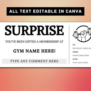 Modèle de billet cadeau surprise d'adhésion à la salle de sport - Workout Fitness Pass Gift Card Voucher Certificate Coupon - Printable Surprise Gift Idea