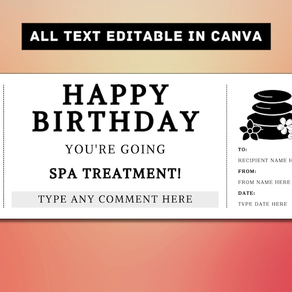 Spa Birthday Gift Ticket Template - Massage Facial Body Wrap Treatment Gift Card Voucher Certificate Coupon - Printable Surprise Gift Idea