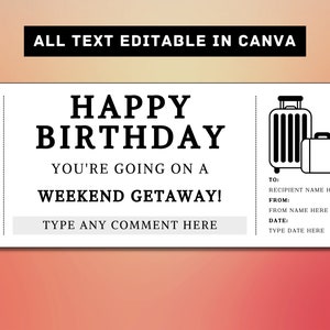 Modèle de billet cadeau d'anniversaire d'escapade de week-end - faites vos valises, coupon de certificat de bon de carte-cadeau de voyage, idée de cadeau surprise imprimable