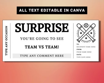 Baseball Game Surprise Gift Ticket Template - Ticket to a Baseball Game - Gift Card Voucher Certificate Coupon, Printable Surprise Gift Idea